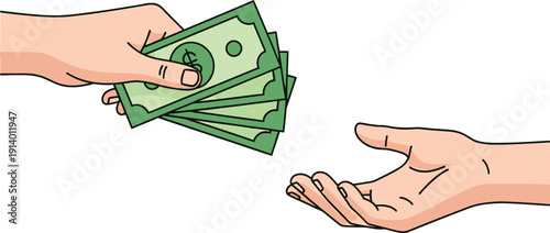 vector illustration of one hand giving a stack of green dollar bills to an open receiving hand, symbolizing payment, transaction, donation, salary, or money transfer.