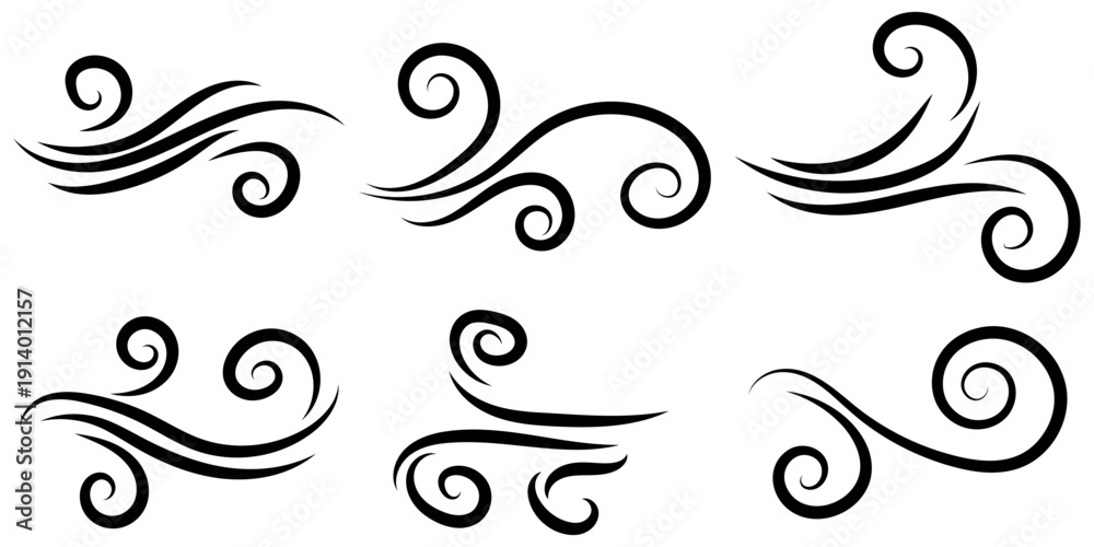 Fototapeta premium Set of black stylized wind swirls and air currents vector graphic elements symbolizing motion and flow