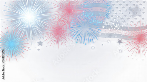 Red white and blue fireworks explode against a dark blue background with a translucent American flag and stars