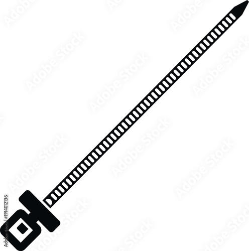 Black plastic cable tie icon on white background, securing and bundling