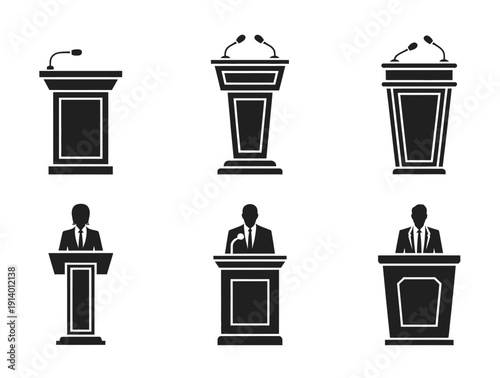 Vector of various podiums with and without speakers standing