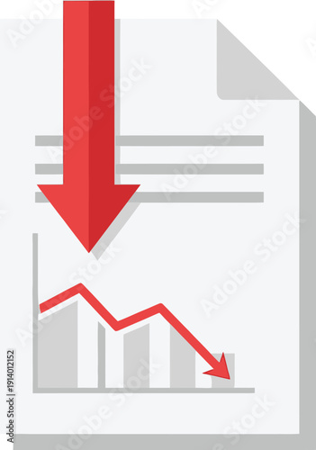 Red downward arrow graph showing decline trend with jagged line and falling bars on gray background.