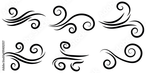 Set of black stylized wind swirls and air currents vector graphic elements symbolizing motion and flow
