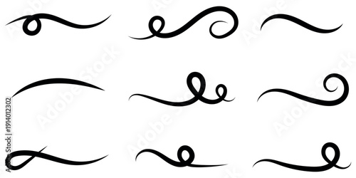 Set of elegant black decorative swirl elements and curly line flourishes for text dividers and design accents