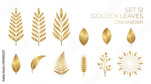 Set of 12 golden leaf and floral decorative on black background golden leaves decoration botanical