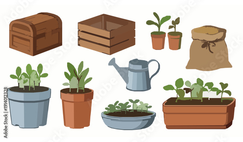 Greenhouse Garden Cartoon Vector Set with Seedlings in Pots Wooden Crate Chest Grain Sack and Watering Can