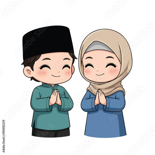 Happy Muslim Children Greeting Each Other with Joyful Smiles