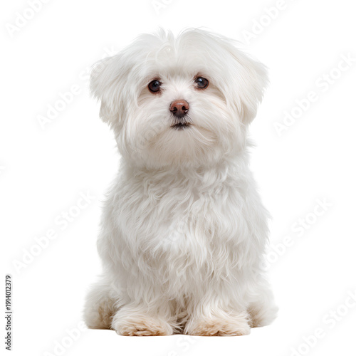Adorable fluffy white maltese puppy sitting and looking forward