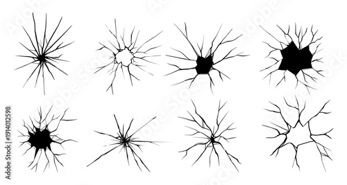 Mega Set of 8 Crack and Hole Silhouettes. Versatile Collection of Damaged Wall and Broken Glass Texture Elements.