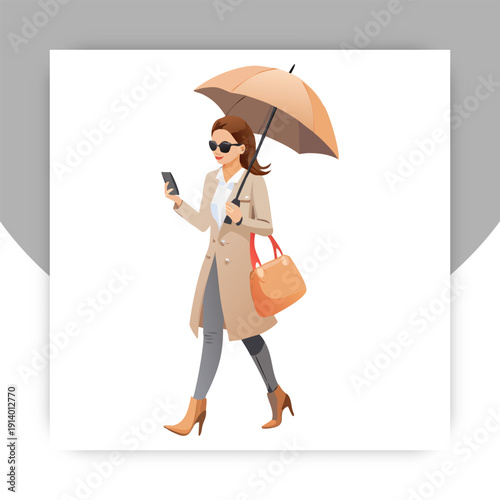 Stylish Stroll in the City: A woman navigates the urban landscape, confidently using her smartphone while gracefully holding an umbrella, embodying modern elegance and independent poise.