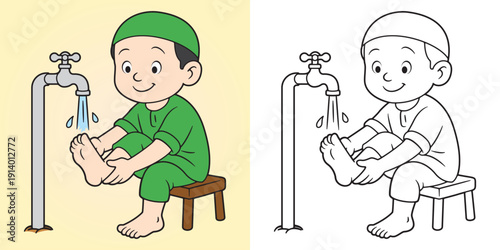 Muslim boy performing wudu by washing feet before prayer. Ideal for kids education, Islamic learning, and children books. Object and background are separated for easy editing.