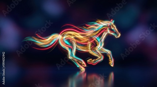 Neon red and liquid gold fire horse design for Chinese New Year 2026. Cyber tradition aesthetic with holographic glow, luxury prosperity theme, modern festive business background.
