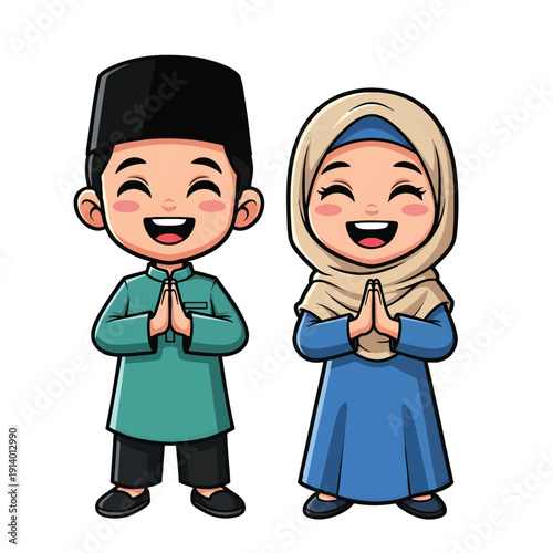 Cheerful Islamic Kids Showing Respectful Greeting Gesture