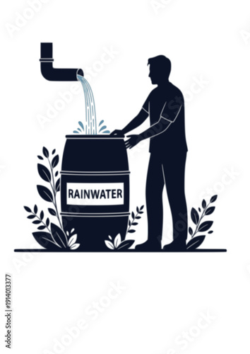 Person using rainwater harvesting barrel water conservation eco concept silhouette vector