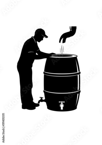 Person using rainwater harvesting barrel water conservation eco concept silhouette vector