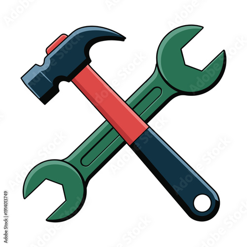 Colorful crossed wrench and hammer for DIY projects and repairs