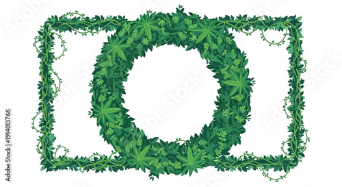 A lush green foliage frame with a circular cutout surrounded by leaves and vines, viewed from directly above, creating a natural border