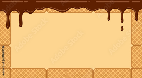 Waffle pattern border with chocolate sauce dripping on a banner view