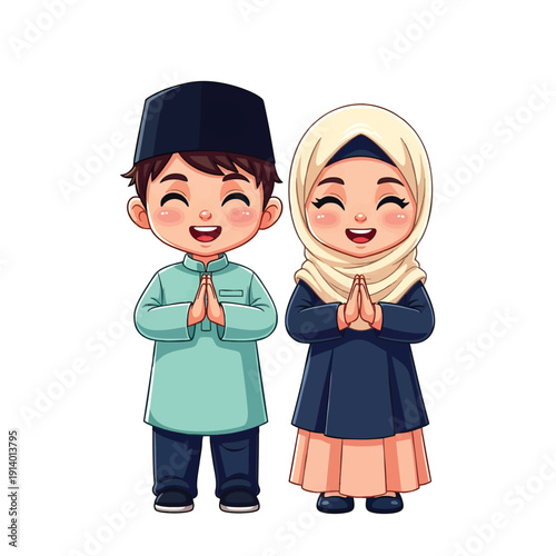 Happy Muslim Children Performing Traditional Greeting Smiling Joyfully