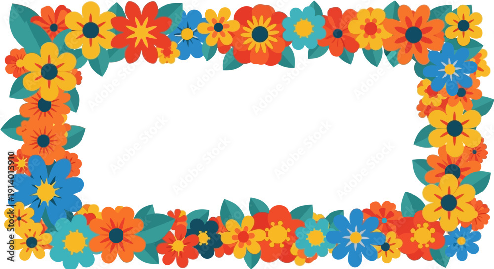Fototapeta premium Vibrant floral frame with colorful flowers, leaves, and empty space, viewed from directly above, creating a decorative border