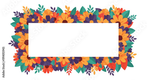 A rectangular white frame adorned with a vibrant border of autumn flowers and leaves in shades of orange, purple, and green.