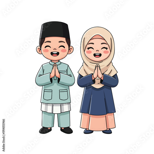 Happy Muslim Children Traditional Greeting Gesture Celebration
