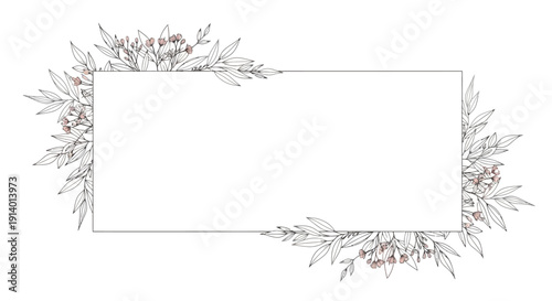 Elegant rectangular frame adorned with delicate botanical elements, featuring soft-toned leaves and small berries, perfect for invitations or decorative designs.