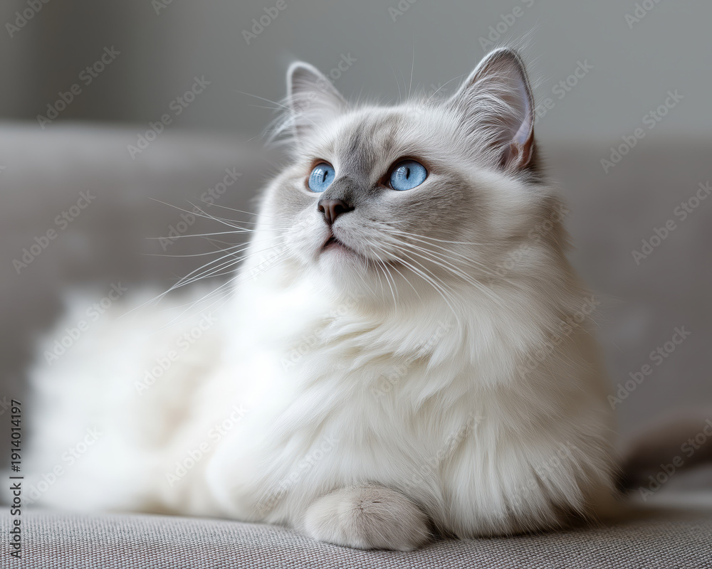 Fototapeta premium White cat gray cat blue eye fluffy fur domestic pet sofa relaxed feline with bright blue eye gazing upward calmly on couch