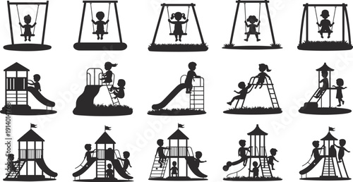 Children playground silhouette set, kids playing outdoor equipment, swings slides climbing frames, park activity icons, black vector illustration