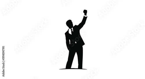 Confident businessman celebrating success with raised fist in modern corporate style silhouette