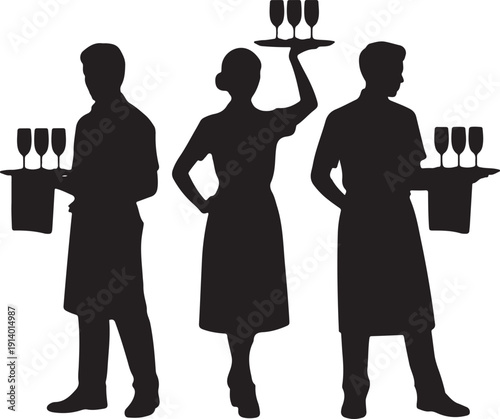 Hurry crew in rush waiters holding tray with order drinks for guests vector silhouette isolated. Restaurant servant taking orders. Pub workers serve wine drinks for guests. Barman cocktails beverage.