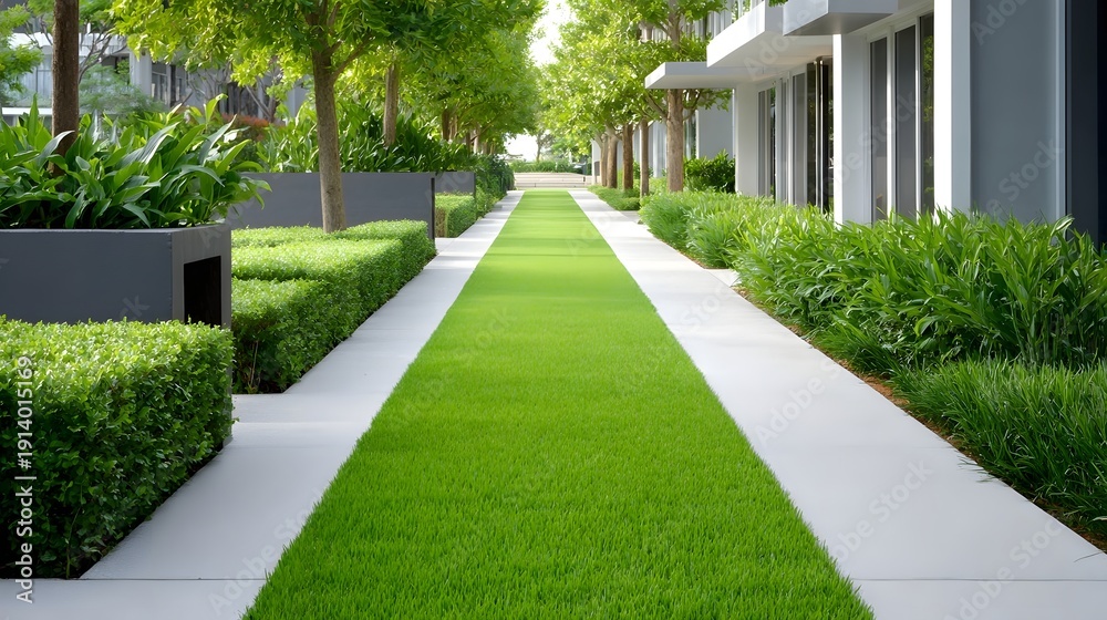 Obraz premium Expansive view of a serene modern outdoor garden pathway featuring vibrant green grass neat hedges large planters and elegant architectural structures