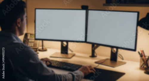 Soft focus blurred photo of Rear view of a man working late at a desk with two blank white computer monitors in a dimly lit office environment, ideal for UI or website mockups.