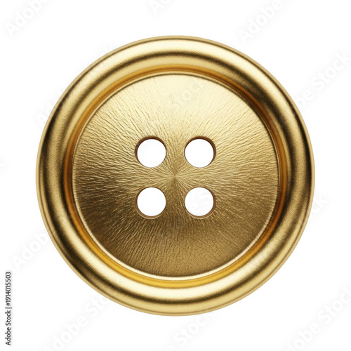 A golden button with four holes on a white background.