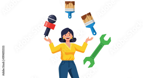 A woman skillfully juggles a microphone, paintbrushes, and a wrench, symbolizing multitasking and diverse skills.
