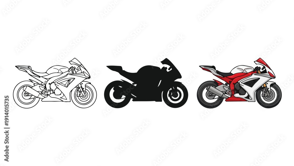 Naklejka premium Three motorcycles racing vector illustration - Flat Design Icon. line icon set - Icon vector - Blue icon vector. Clipart. Icon collection - Line and glyph solid icon and logo template