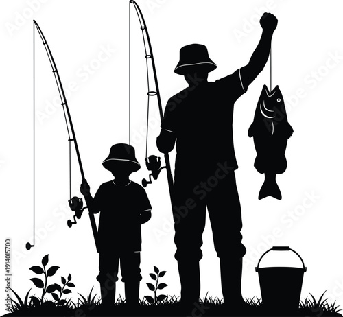 Black silhouette of father and son fishing together holding fishing rods and a big fish catch on white background vector.