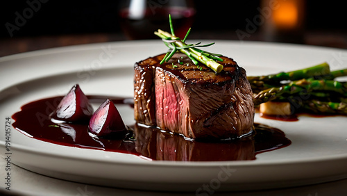 Gourmet filet mignon steak served with red wine reduction sauce and grilled green asparagus on a white plate. Elegant restaurant plating of a juicy beef tenderloin with berry garnish