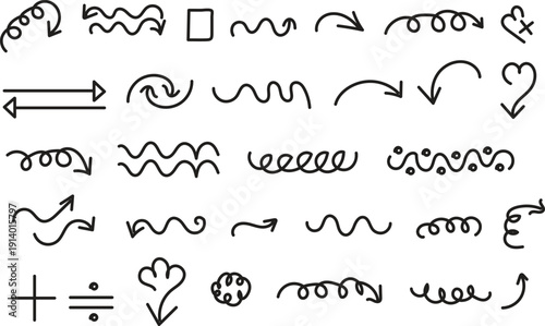 Hand drawn design elements and symbols in black and white