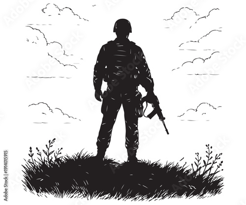 Fotografie Line art of soldier silhouette standing at sunset horizon