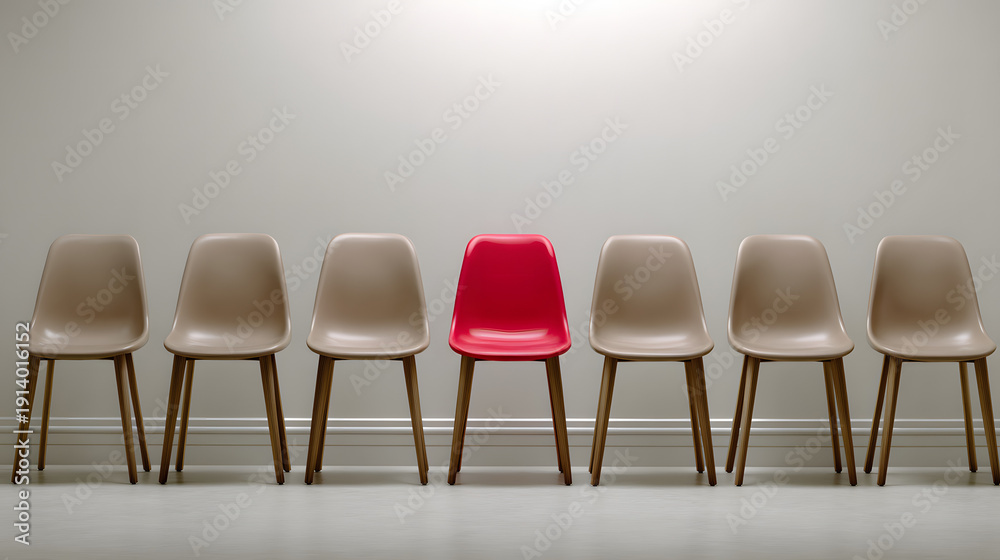 Obraz premium Vibrant red chair prominently stands out in a perfectly aligned row of six identical beige chairs against a neutral wall, symbolizing individuality, difference, and unique perspective. Ideal for conce
