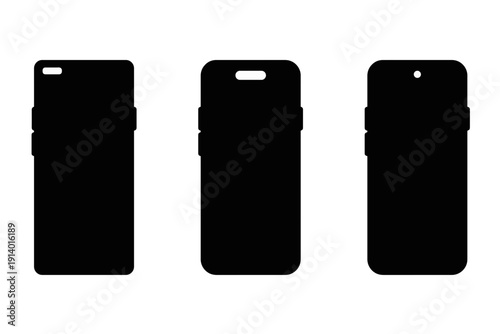Set of modern smartphone silhouettes with different camera notch designs. Mobile phone black vector templates isolated on white background.