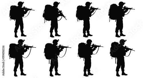 Set of eight black silhouette icons depicting fully equipped military soldiers standing ready with assault rifles and large backpacks