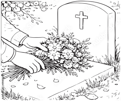 Line art of hands placing flowers on a grave