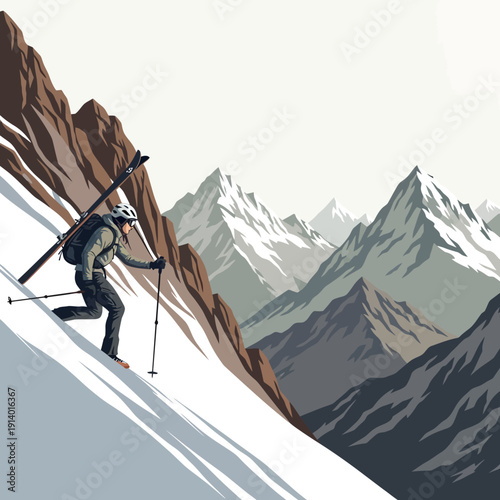 Skier climbing snowy mountain with ski poles and backpack on steep slope