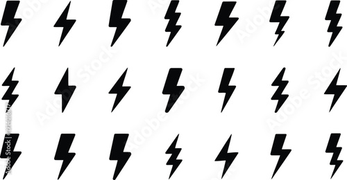 An array of black lightning icons depicting power and energy on a bright white surface