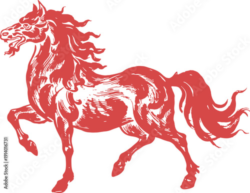 Red horse illustration runs freely with flowing mane and tail on white background