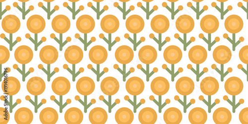 Seamless pattern with yellow round flowers and green leaves in geometric style on white background