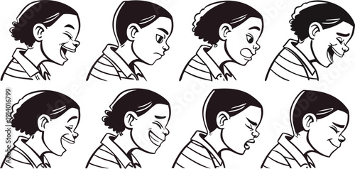 Illustration of a person demonstrating various facial expressions and mouth positions.