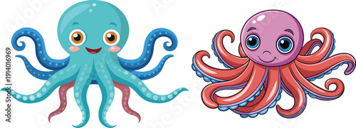 Two colorful and cartoonish octopuses with expressive faces and vibrant colors